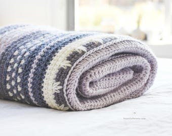 Crochet Pattern // Easy Striped Afghan Blanket Pattern, Textured Throw with Fringe, Bobble Bedspread // Winter Tempest Blanket Pattern PDF