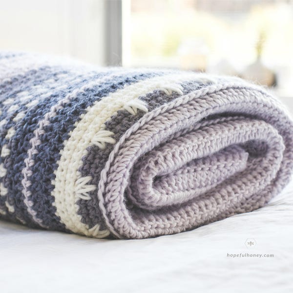 Crochet Pattern // Easy Striped Afghan Blanket Pattern, Textured Throw with Fringe, Bobble Bedspread // Winter Tempest Blanket Pattern PDF
