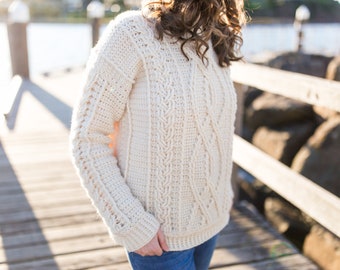 Crochet Pattern // Meara Fisherman Cable Sweater, Ribbed Cuffs