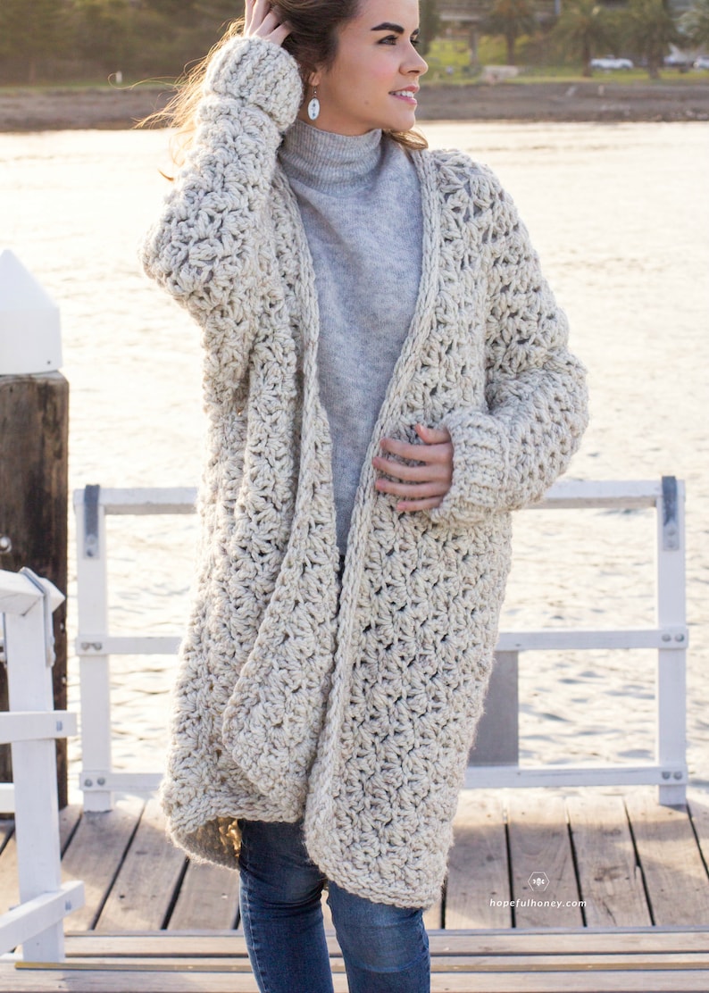 Haakpatroon // Drop Shoulder Oversized getextureerde Boyfriend Classic Sweater // Coastal Fog Chunky Cardigan Pattern PDF afbeelding 5