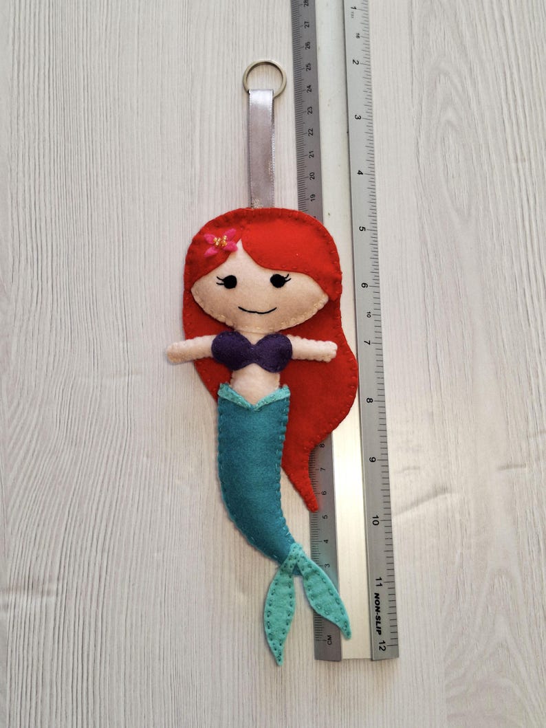 Felt Little Mermaid Ariel Keyring: Handsewn Sensory Fidget Toy Bag Charm Silver ribbon