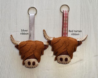 Felt Highland Coo cow Keyring: Handsewn Sensory Fidget Toy Bag Charm