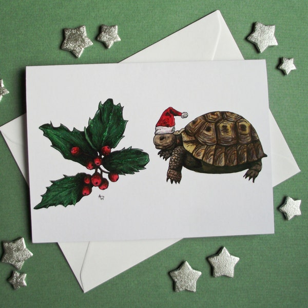 Tortoise with holly leaf Christmas Card with glitter