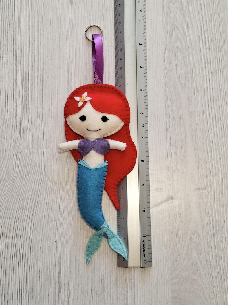 Felt Little Mermaid Ariel Keyring: Handsewn Sensory Fidget Toy Bag Charm Purple ribbon