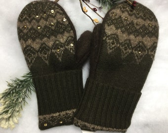 All of my mittens are made from repurposed wool sweaters. They are lined with soft, warm, anti-pill fleece to keep your hands warm and cozy!