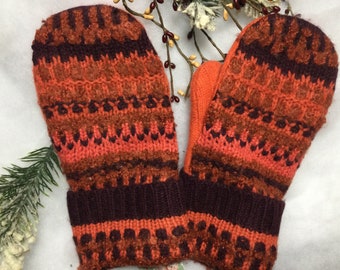 All of my mittens are made from repurposed wool sweaters and are lined with soft, warm, anti-pill fleece to keep your hands warm & cozy.