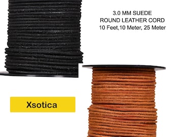 Xsotica-Round Suede Leather Cords- 3.0 MM Cord-10 Feet, 10 Meter,25 Meter