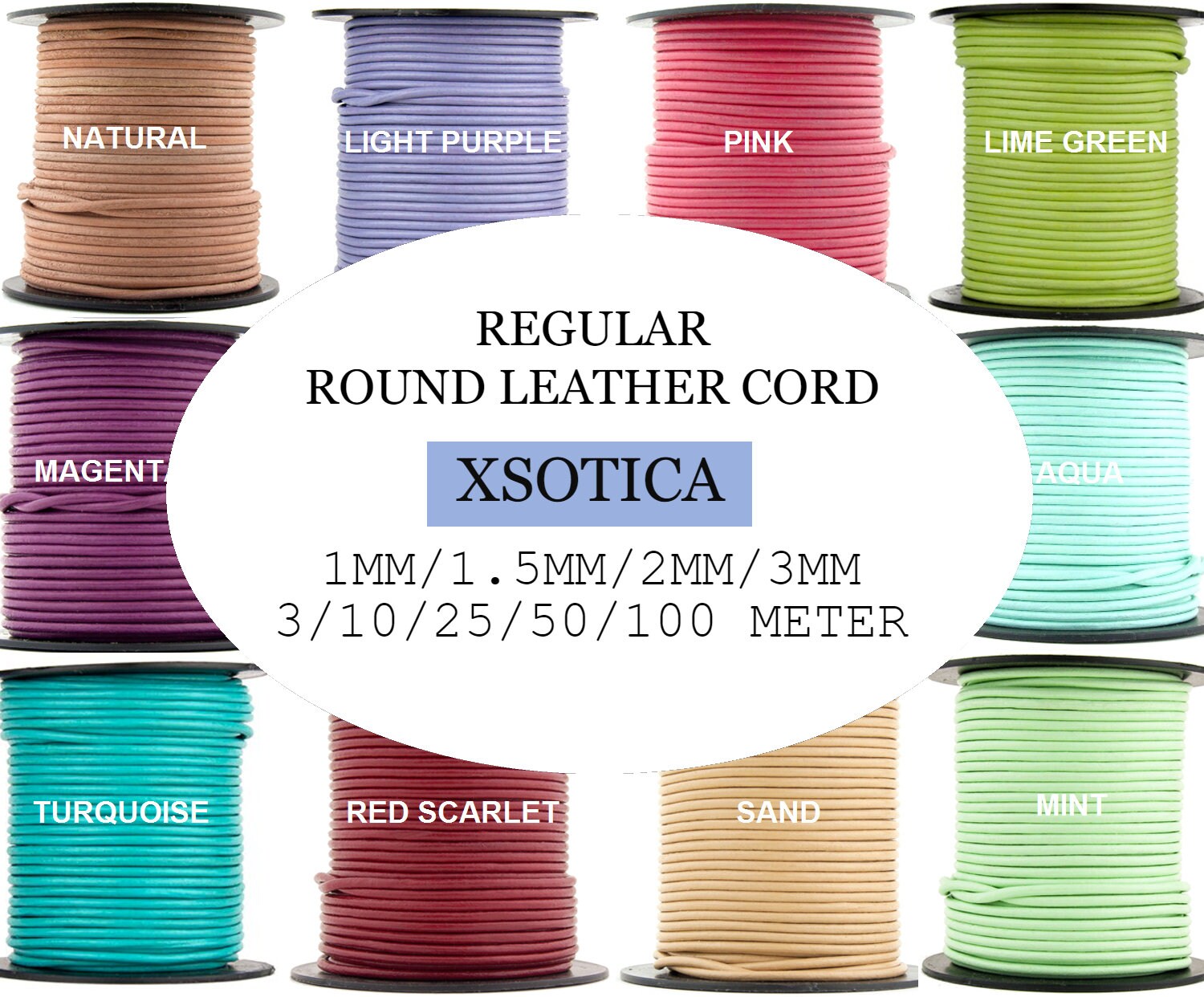 Xsotica-Regular Shades Round Leather Cords-Size-1mm/1.5mm/2mm/3mm- Le…