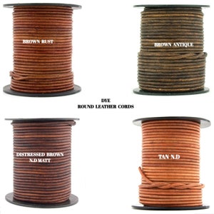 May include: Four spools of round leather cord in different colors and finishes: Brown Rust, Brown Antique, Distressed Brown N.D. Matt, and Tan N.D.  Dye Round Leather Cords.