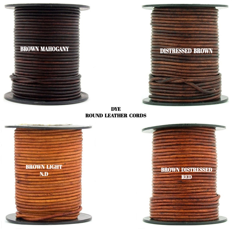 May include: Four spools of round leather cord in different shades of brown. The cords are labeled "Brown Mahogany", "Distressed Brown", "Brown Light N.D.", and "Brown Distressed Red".
