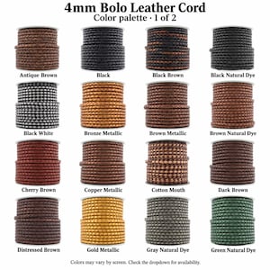 Puede incluir: Una colecci&oacute;n de cordones de cuero bolo de 4 mm dispuestos en una cuadr&iacute;cula. Los colores incluyen marr&oacute;n antiguo, negro, negro marr&oacute;n, negro tinte natural, negro blanco, bronce met&aacute;lico, marr&oacute;n met&aacute;lico, marr&oacute;n tinte natural, marr&oacute;n cereza, cobre met&aacute;lico, algod&oacute;n, marr&oacute;n oscuro, marr&oacute;n desgastado, oro met&aacute;lico, gris tinte natural y verde tinte natural.