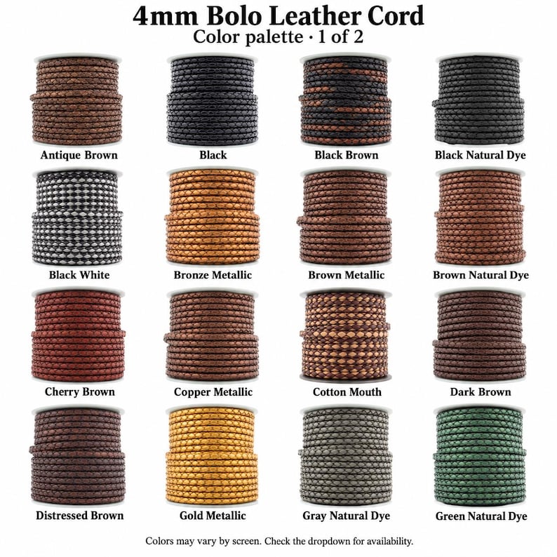 Puede incluir: Una colecci&oacute;n de cordones de cuero bolo de 4 mm dispuestos en una cuadr&iacute;cula. Los colores incluyen marr&oacute;n antiguo, negro, negro marr&oacute;n, negro tinte natural, negro blanco, bronce met&aacute;lico, marr&oacute;n met&aacute;lico, marr&oacute;n tinte natural, marr&oacute;n cereza, cobre met&aacute;lico, algod&oacute;n, marr&oacute;n oscuro, marr&oacute;n desgastado, oro met&aacute;lico, gris tinte natural y verde tinte natural.