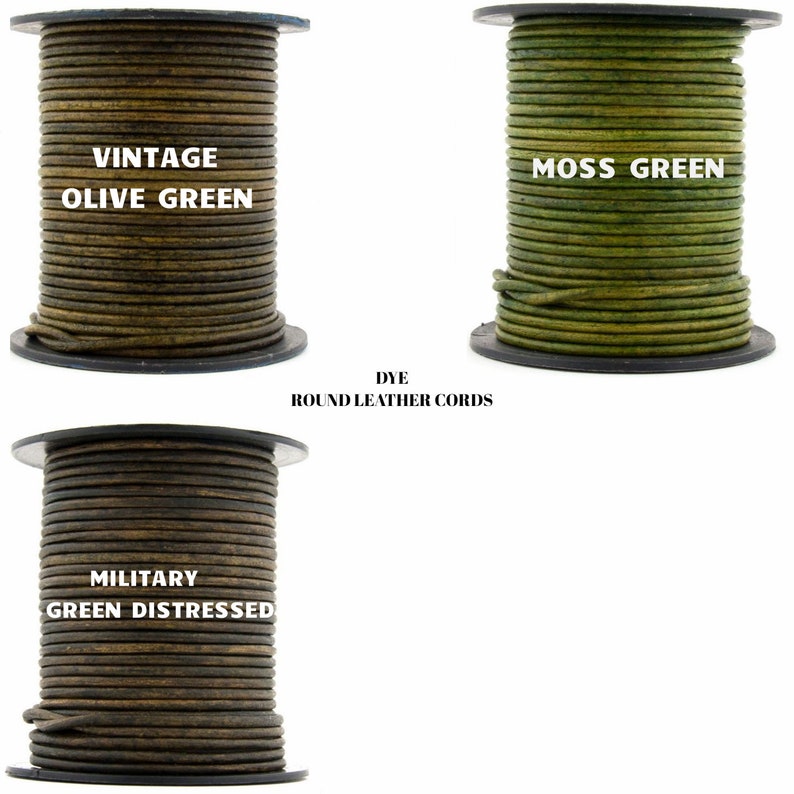 Pu&ograve; includere: Tre bobine di cordoncino rotondo in pelle in diverse tonalit&agrave; di verde. Le bobine sono etichettate "Vintage Olive Green", "Moss Green" e "Military Green Distressed".