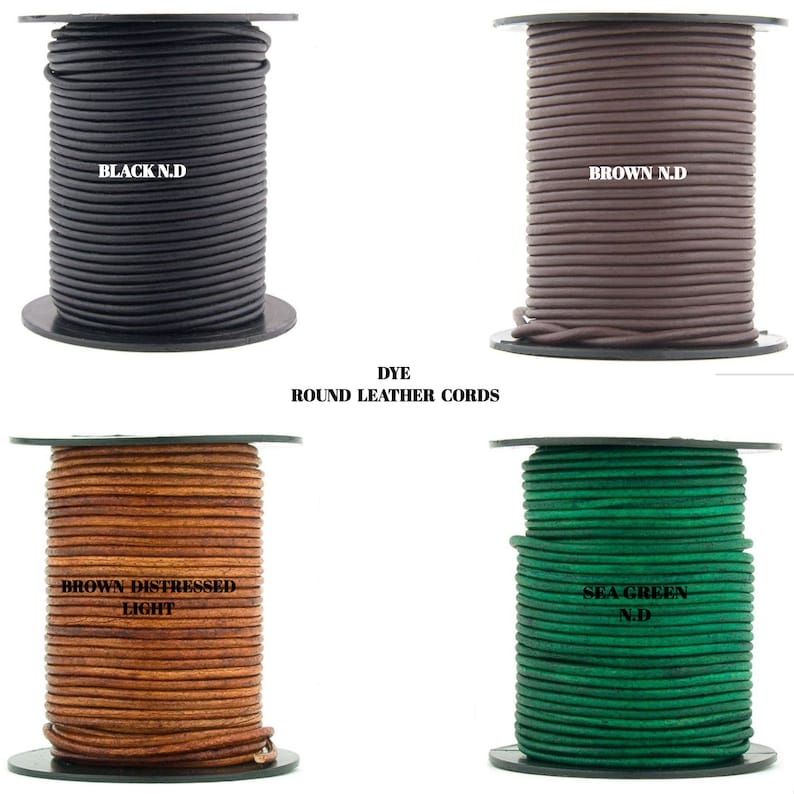 May include: Four spools of round leather cord in different colors: black, brown, light brown distressed, and sea green. The spools are labeled with the color and "N.D."