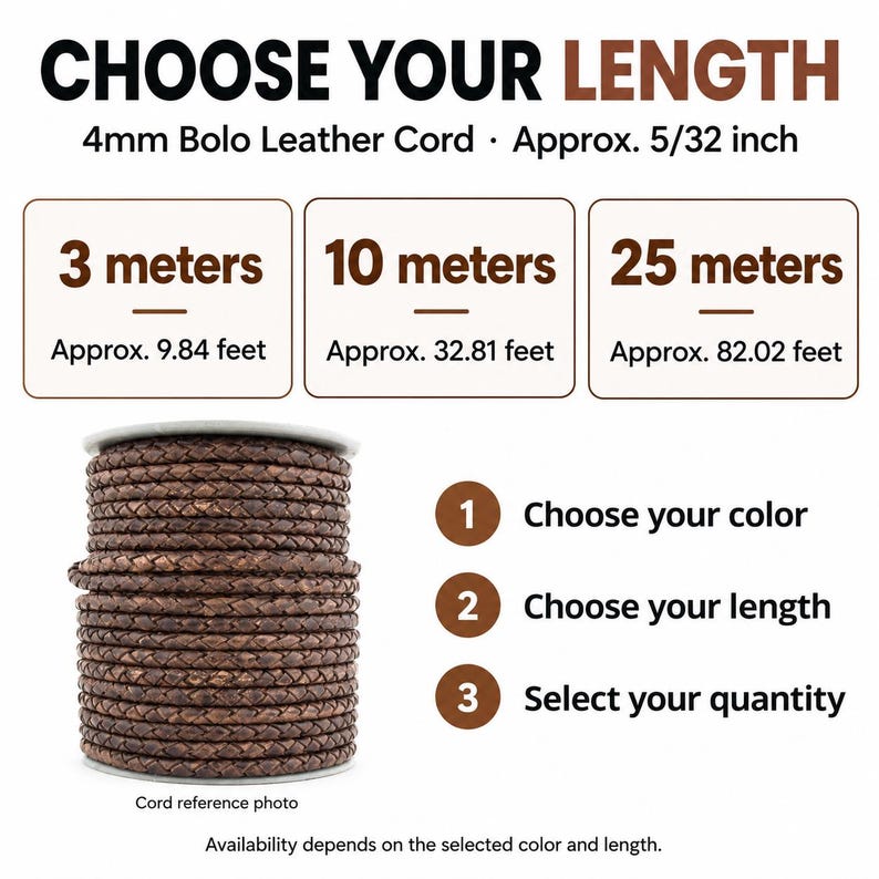 Puede incluir: Un carrete de cord&oacute;n de cuero trenzado bolo marr&oacute;n de 4 mm, aproximadamente 5/32 pulgadas. Las opciones de longitud incluyen 3 metros, 10 metros y 25 metros. El texto indica los pasos para elegir el color, la longitud y la cantidad.