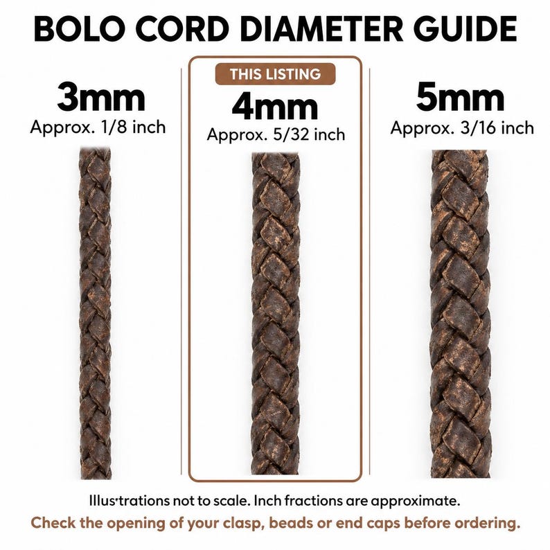 Puede incluir: Una gu&iacute;a de di&aacute;metro de cord&oacute;n bolo que muestra tres cordones de cuero trenzado marr&oacute;n. El cord&oacute;n central est&aacute; resaltado como 4 mm. El texto dice Bolo Cord Diameter Guide, 3 mm, 4 mm, 5 mm, e incluye notas sobre el tama&ntilde;o y las aberturas.