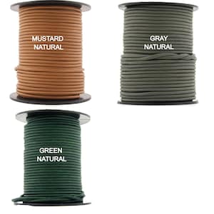 May include: Three spools of leather cord in mustard, gray, and green. Each spool is labeled with the color and "natural".