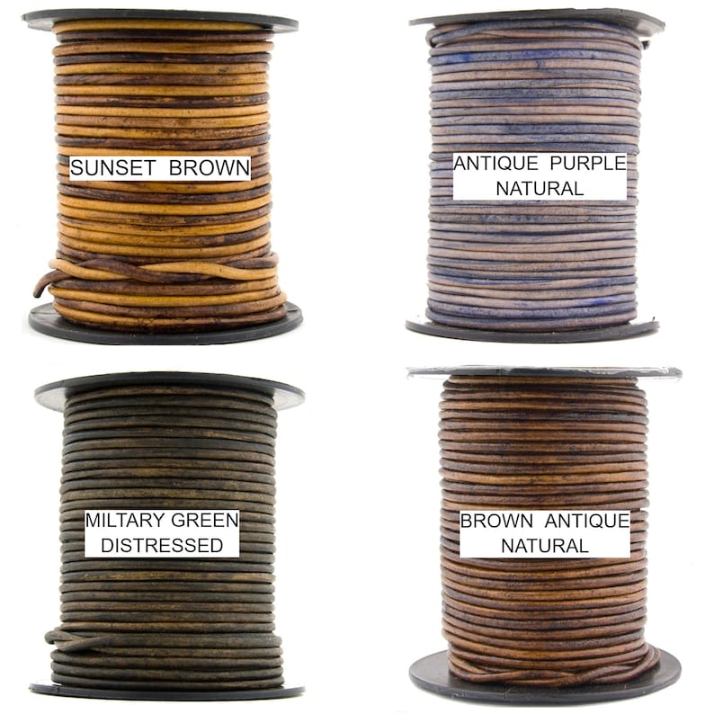 May include: Four spools of leather cord in different colors and finishes.  The spools are labeled "Sunset Brown", "Antique Purple Natural", "Military Green Distressed", and "Brown Antique Natural".