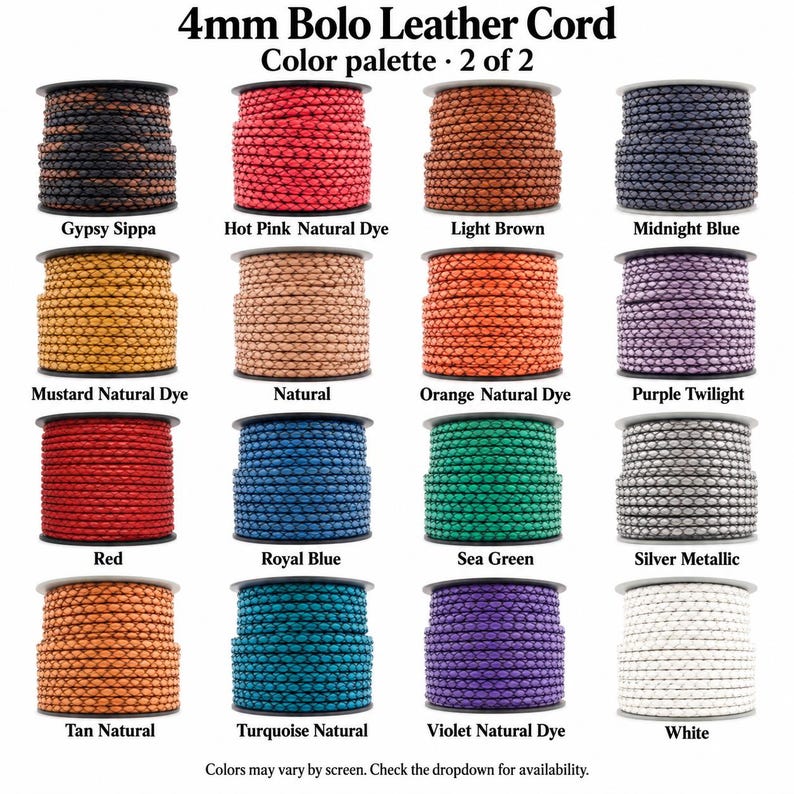 Puede incluir: Una colecci&oacute;n de cordones de cuero bolo de 4 mm mostrados en diecis&eacute;is carretes individuales. Los colores incluyen Gypsy Sippa, rosa fuerte, marr&oacute;n claro, azul medianoche, mostaza, natural, naranja, morado, rojo, azul real, verde mar, plata, bronceado, turquesa y blanco.