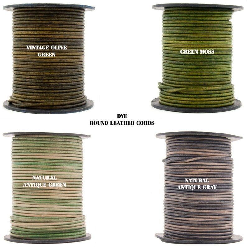 May include: Four spools of round leather cord in different colors: vintage olive green, green moss, natural antique green, and natural antique gray. The spools are labeled with the color names.