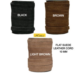 May include: Three spools of 10 mm flat suede leather cord in black, brown, and light brown.  FLAT SUEDE LEATHER CORD 10 MM