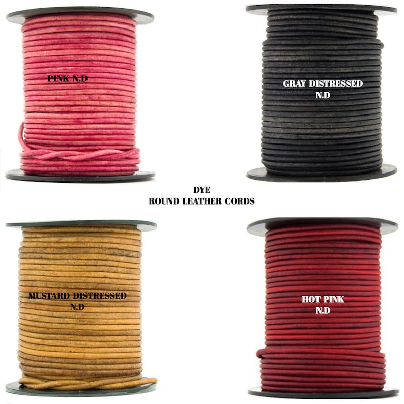 May include: Four spools of round leather cord in different colors: pink, gray, mustard, and red. The spools are labeled with the color and "N.D." The text "DYE ROUND LEATHER CORDS" is printed below the spools.