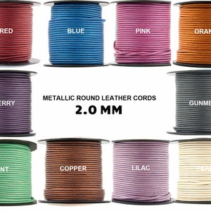 May include: Assortment of 10 colors of 2.0 mm round metallic leather cords. Colors include red, blue, pink, orange, berry, gunmetal, mint, copper, lilac, and ivory.