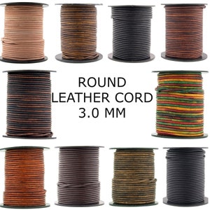 May include: Assortment of 10 spools of round leather cord in various colors, including brown, black, tan, and multi-colored. Each spool is 3.0 mm thick.  ROUND LEATHER CORD 3.0 MM