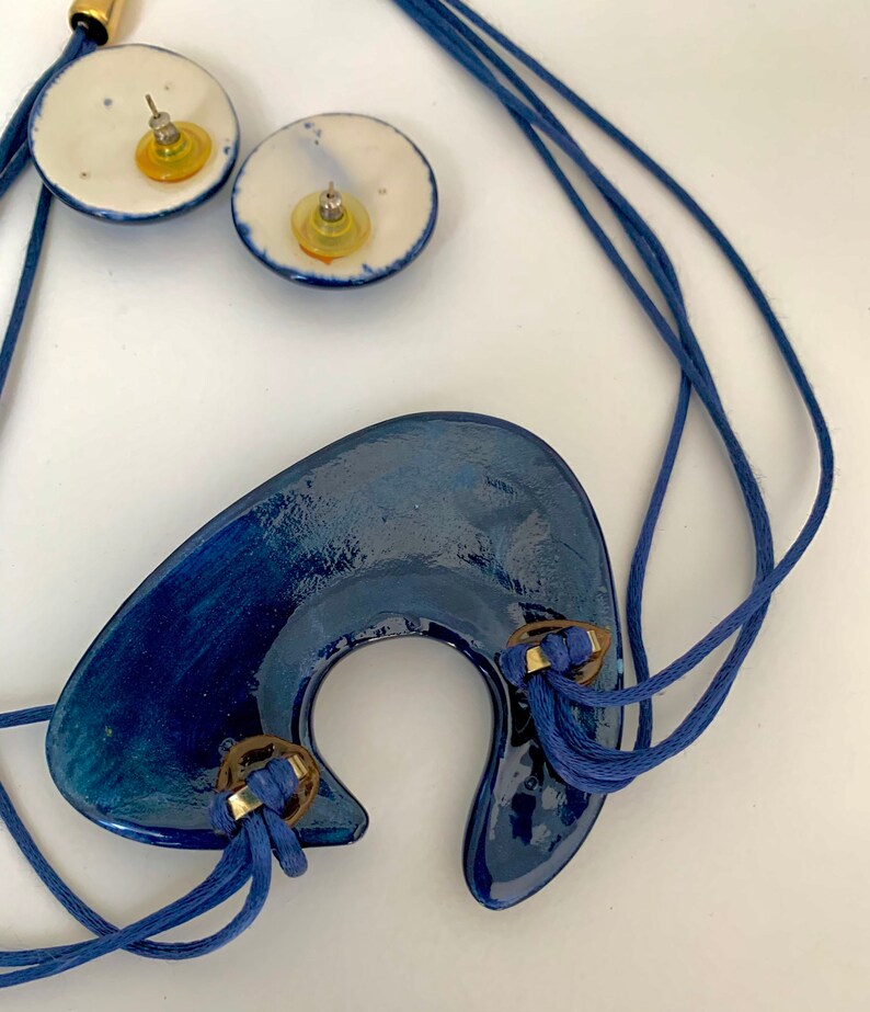 Hand made Hand painted pottery ceramic necklace and earrings set Navy blue white polka dots.