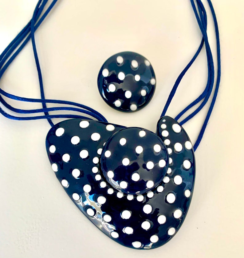 Hand made Hand painted pottery ceramic necklace and earrings set Navy blue white polka dots.