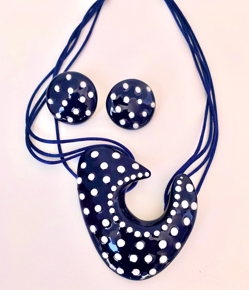 Hand made Hand painted pottery ceramic necklace and earrings set Navy blue white polka dots.