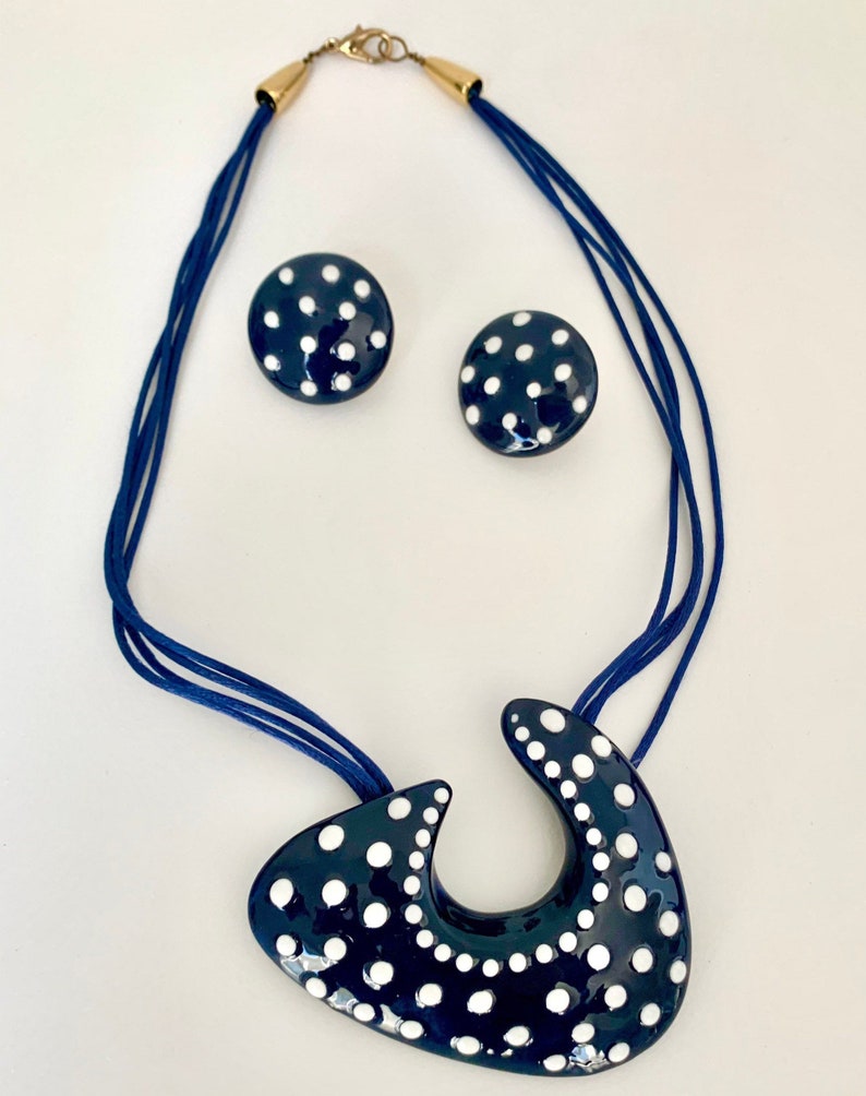 Hand made Hand painted pottery ceramic necklace and earrings set Navy blue white polka dots.