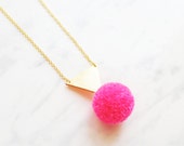 Handmade triangle and pom pom necklace in hot pink neon or electric blue