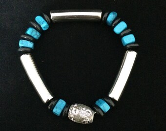 Turquoise & Black Silver Tube Stretch Bracelet