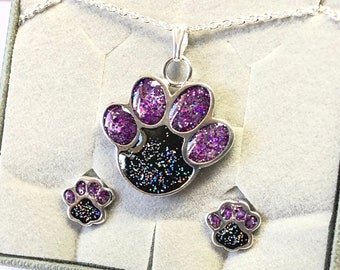 Larger Sterling Silver Ashes Paw with Matching Earrings