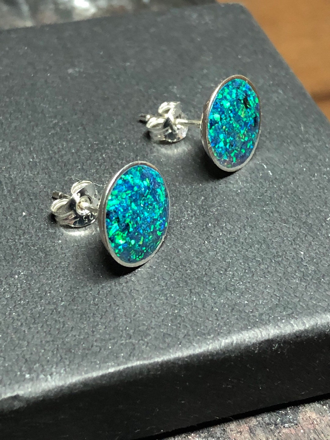 Sterling Silver Beautiful Handmade Black Opal Stud Earrings With Green ...