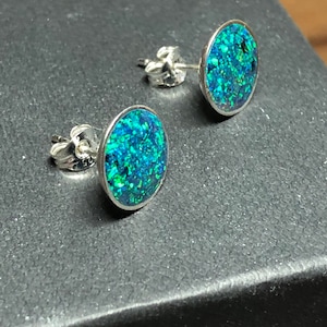 Sterling Silver  Beautiful Handmade Black Opal Stud Earrings with Green Fire