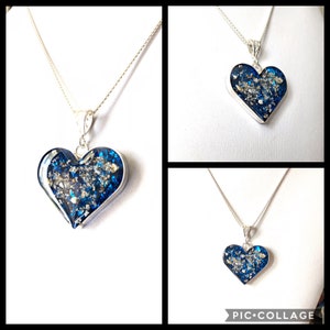 Pet Cremation Ashes Memorial Heart in Sterling Silver. Vibrant Colours Resin Heart with Floating Ashes