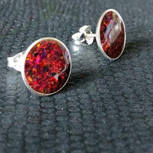 Sterling Silver Deep Red Opal Stud Earrings with Yellow Fire