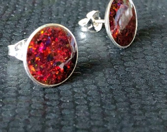 Sterling Silver Deep Red Opal Stud Earrings with Yellow Fire