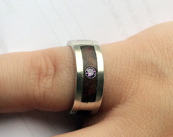 Sterling Silver Wood Inlay Satin Finish Double Gallery Ring. Inlaid with American Black Walnut Wood, set with 1 x 3mm Amethyst, & 2 White CZ