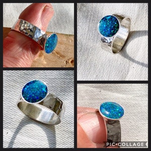 Hammered Sterling Silver Ring Black Opal Green Fire