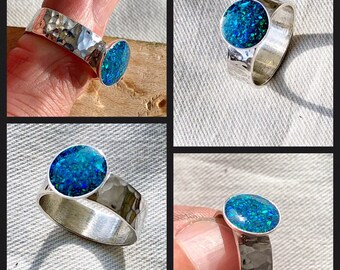 Hammered Sterling Silver Ring Black Opal Green Fire