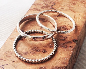 Sterling Silver Stacking Rings, Bead, Diamond Cut and Hammered Finish