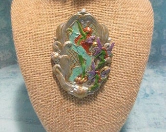 Art Nouveau style Flower Fairy Brooch, Hand painted.