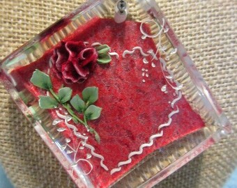 Vintage Lucite Red Rose & Heart Keychain