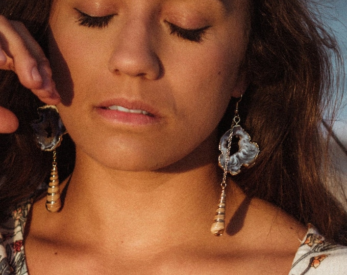 Sliced Druzy Agate & Sea Shell Earrings