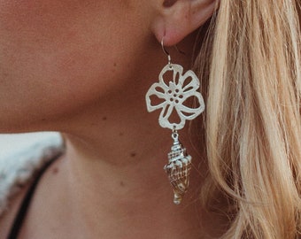 Silver Hibiscus Flower and Shell Earrings