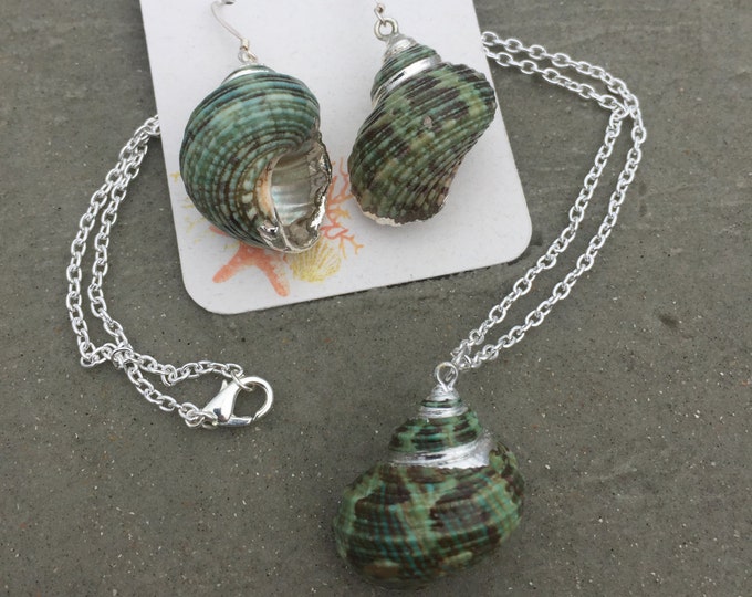 Green Turban Shell Pendant Necklace and Earring Set in Silver