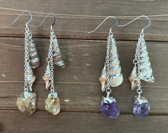 Pendientes de conchas marinas en capas: ágata, citrino y amatista - Joyería bohemia de playa